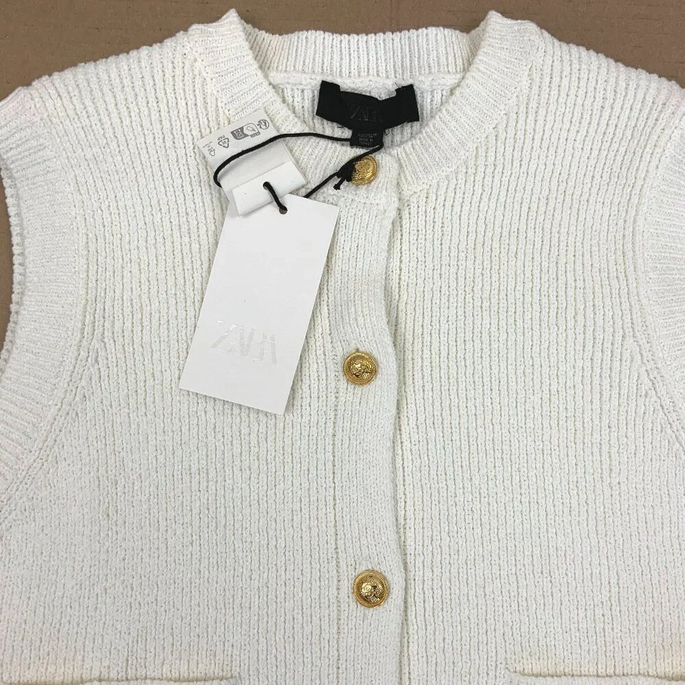 Zara Plain Knit Top/Vest in Cream with Gold Buttons Sz M - Picture 11 of 16